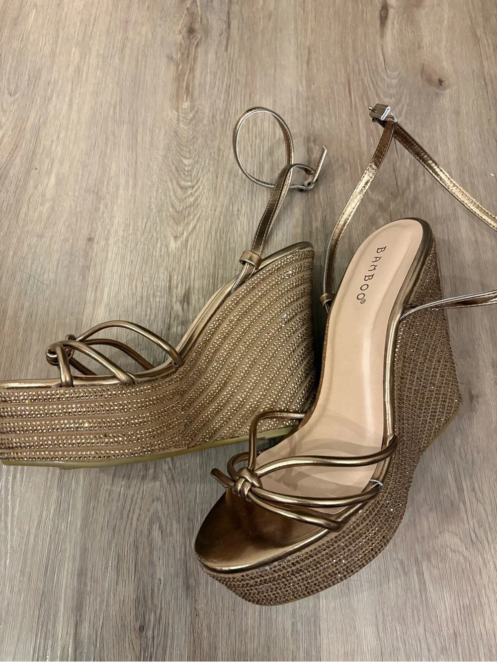 Metallic Gold Wedge Sandals with Ankle Strap
